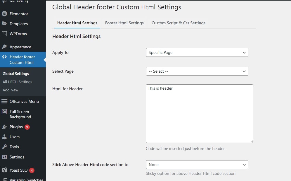 Header Footer Custom Html global Settings