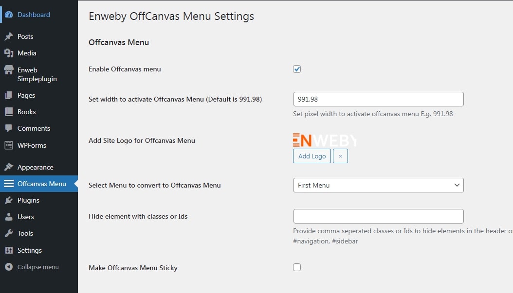 Global settings for offcanvas menu