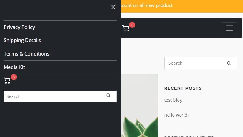 View Cart Icon and search box on sliding panel
